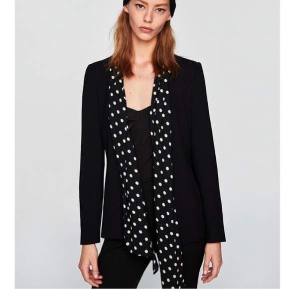 Zara Basic Blazer Black White Polka dots Scarf Business Casual Modern Jacket - Picture 2 of 10